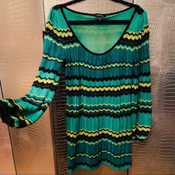 BEBE Green Gold Black Metallic Knit Mini Dress M - Picture 4 of 8